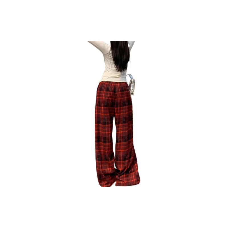 ZXZA Casual Pants Women's Red Plaid Pattern-6