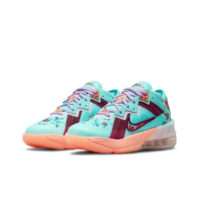 Nike Lebron 18 Low Floral Abrasion Resistant Shock Absorbers Low Top Children's Basketball Shoes Blue Red Unisex-2