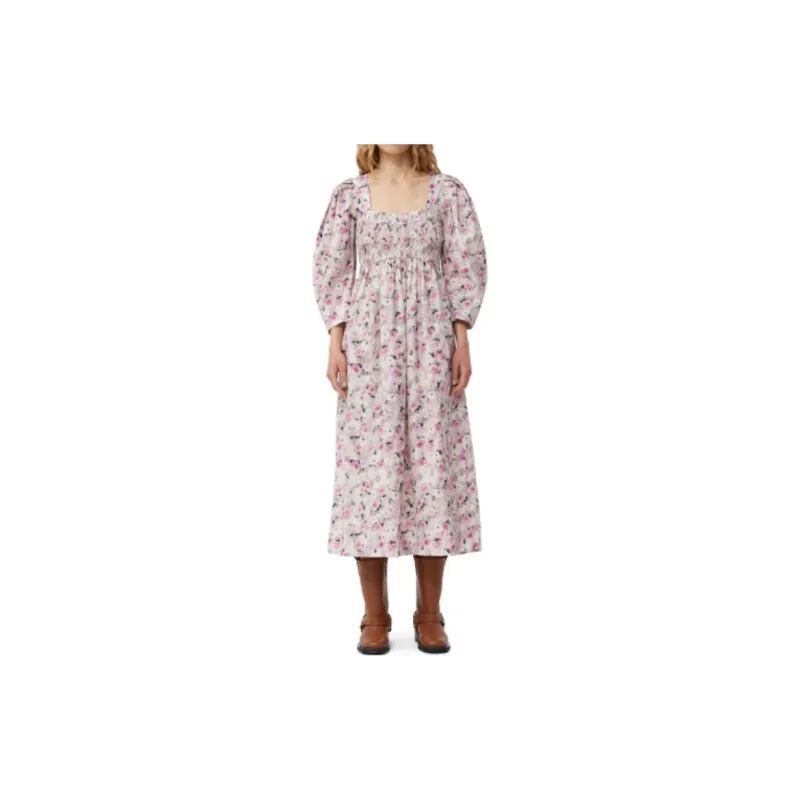 GANNI Floral Printed Square Neck Midi Dress-2