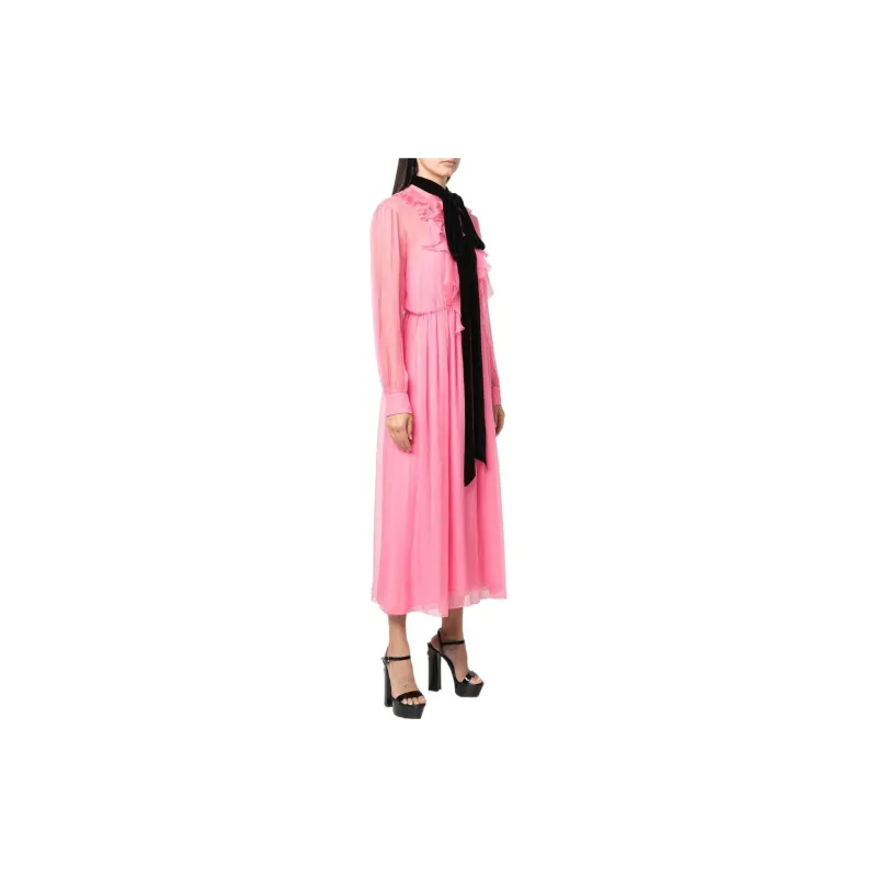 GUCCI Ruffled Silk Long Sleeve Dress Pink-3