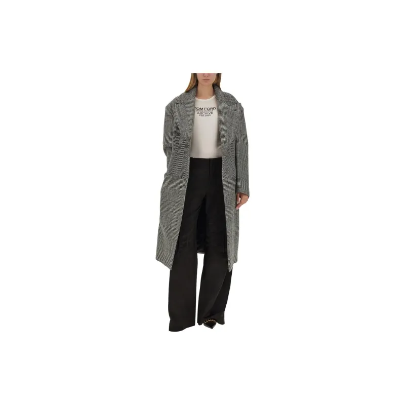 TOM FORD Houndstooth Pattern Straight Hem Belted Coat-2