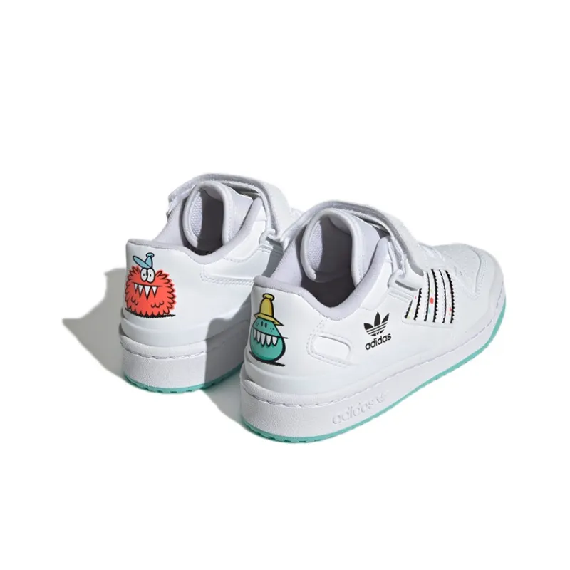Adidas Originals FORUM Low J Abrasion Resistant Low Top Kids' Skateboarding Shoes White Black Blue Teenagers-4