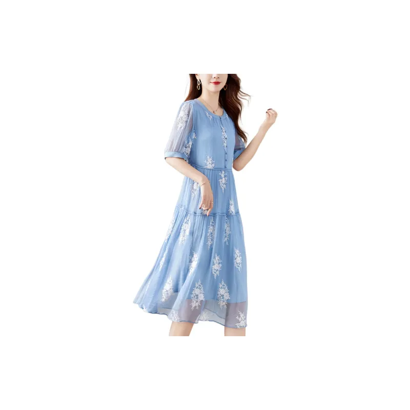 Ink Beauty Short Sleeved Dresses Women's Denim Blue-1