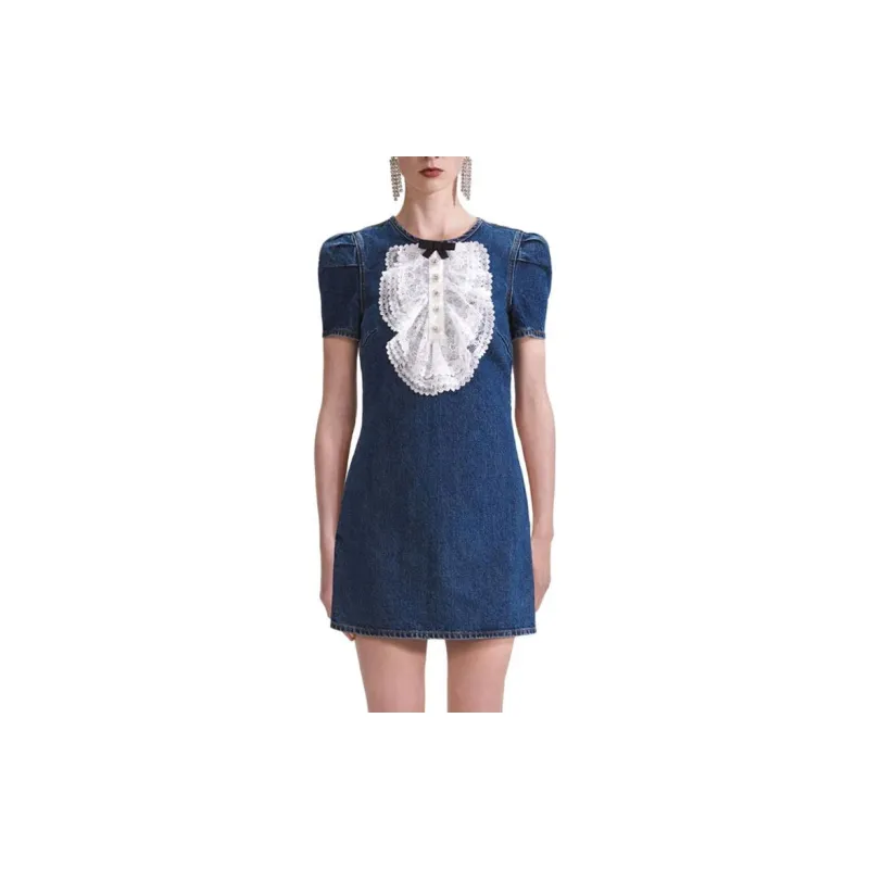 Self portrait Short Sleeved Dress Women's Denim Blue-3