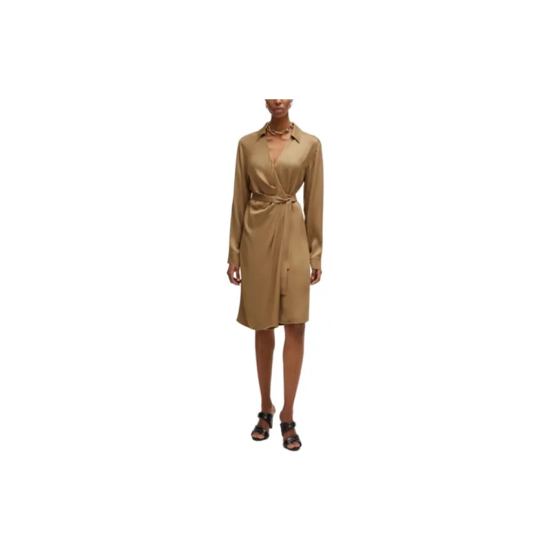 HUGO BOSS Wrap-Front Dress With Collar Detail Long-Sleeved Dresses Women's Light Brown-1