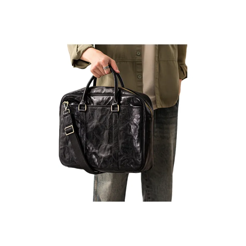 Back Step Top Grain Cow Leather, Genuine Leather Shoulder Bag, Crossbody Bag, Handbag Unisex Black-2