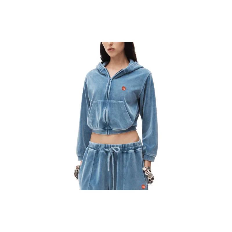 T By Alexander Wang Apple Logo Shrunken Zip Up Hoodie Washed Bluestone-3