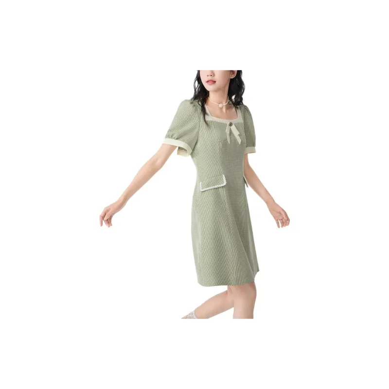 EICHITOO Short Sleeved Dresses Women's Light Green Plaid-2