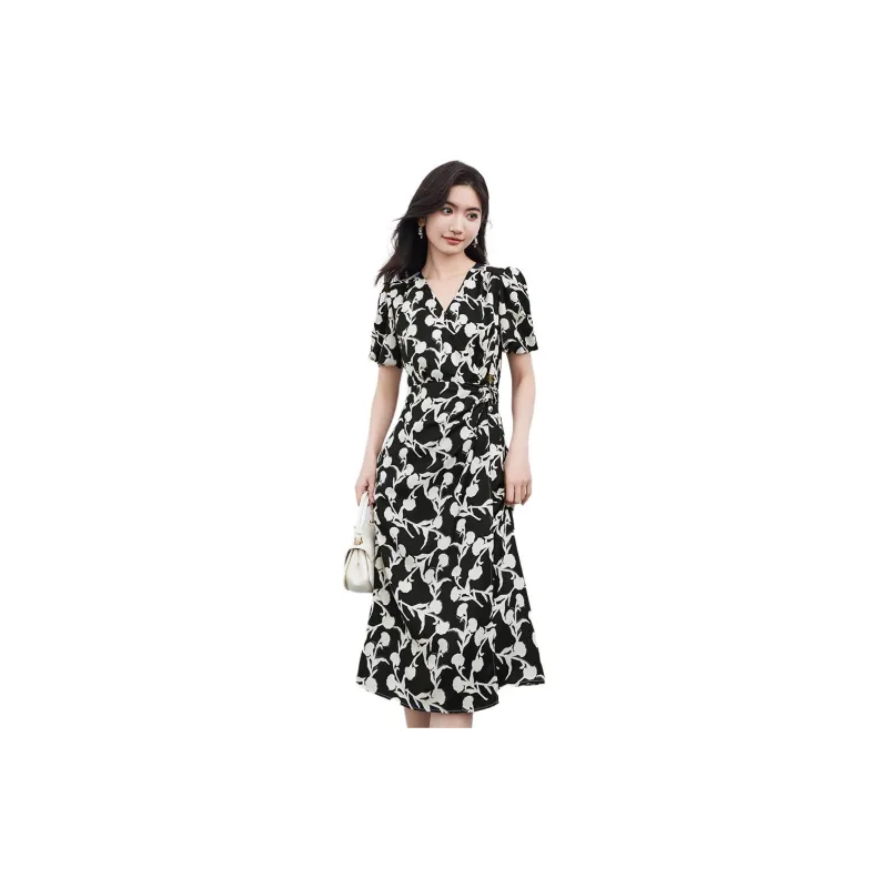 Hopeshow Short Sleeved Dress Women's Black With Floral-1