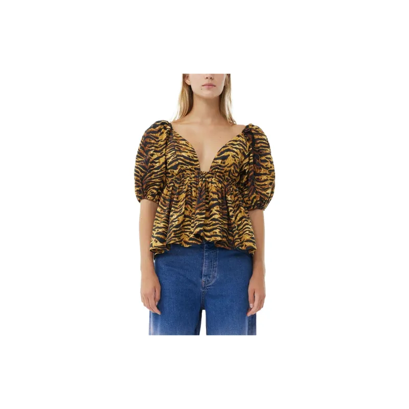 GANNI Tiger print Organic Cotton Flared Blouse-2