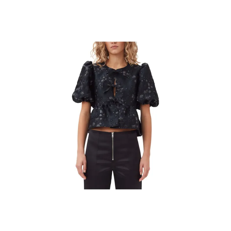 GANNI Jacquard Peplum Blouse Shirt Women's Black-4