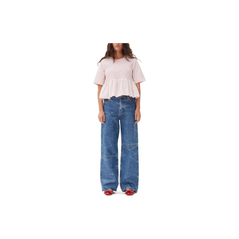 GANNI Smocked-panelling Poplin Blouse-1