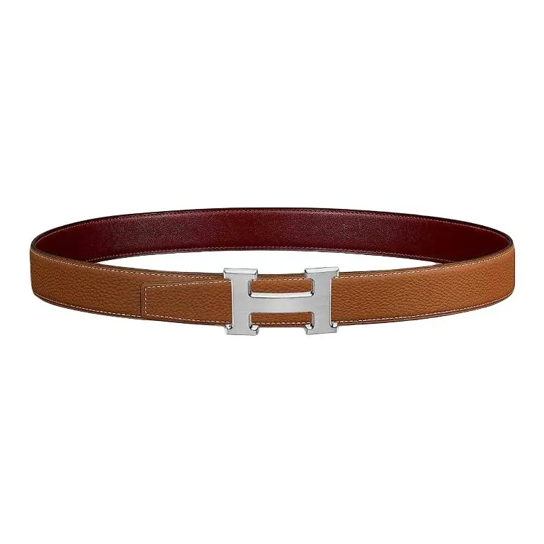HERMES Palladium Calfskin Metal Leather Belts Men's Red/Brown Width: 3.2CM-1