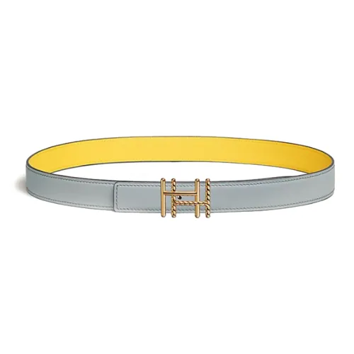 HERMES Calfskin Palladium-Plated Metal Leather Belts Women's Gray/Yellow Width 2.4CM