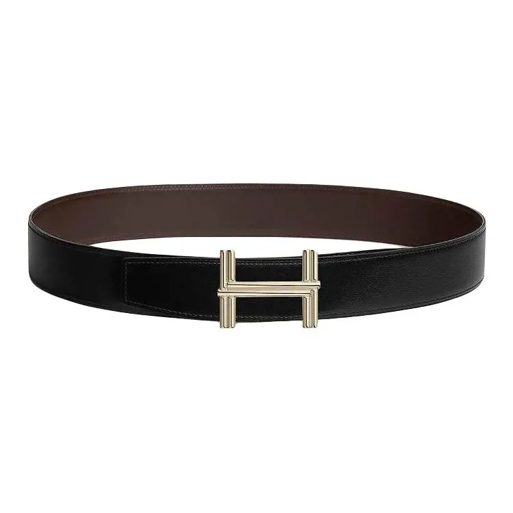 HERMES Brass Leather Belts Men's Dark Brown Width: 3.8CM-1