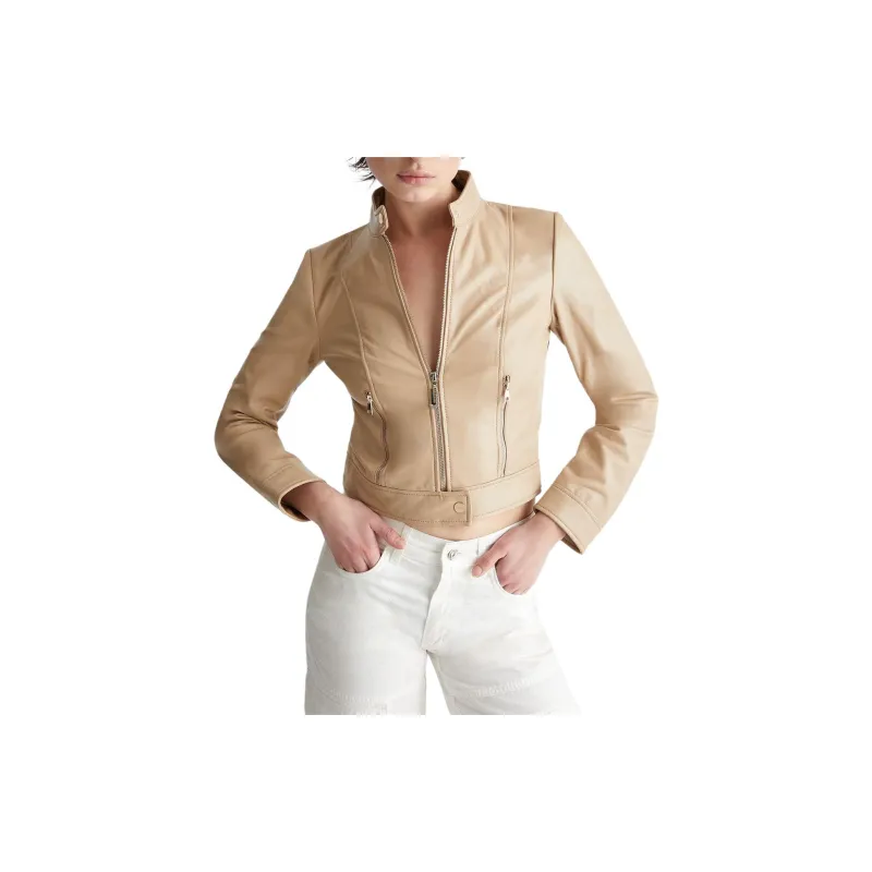 LIU·JO Leather Biker Jacket Jackets & Coats Women's Beige-2