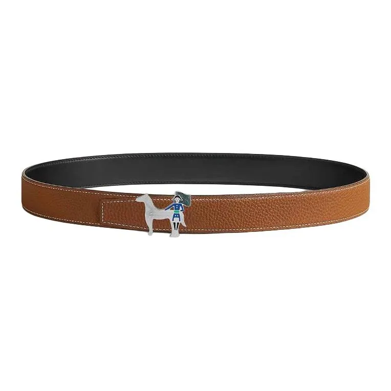 HERMES Calfskin Leather Belts Men's Black Width 3.2CM-1