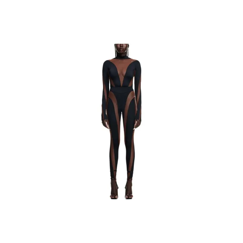 Mugler H&M Mesh Paneled Stirrup Leggings Dark Brown-1