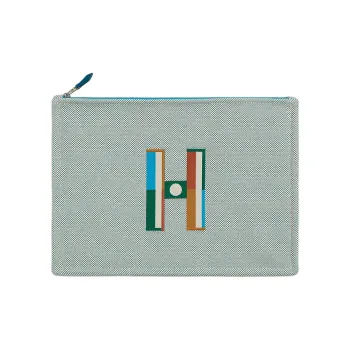 HERMES Faubourg Cotton Storage Bags Clutches Large Size Women's Teal & Pebble Gray