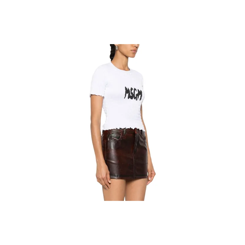 MSGM Logo print Smocked T shirt-3