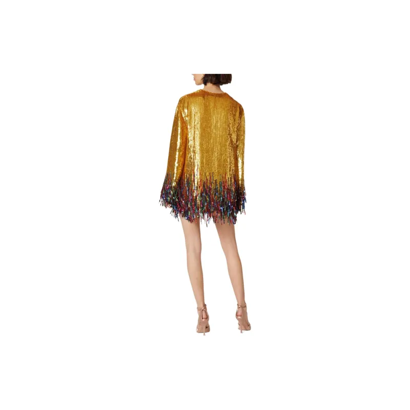 Valentino Short Embroidered Organza Dress Long-Sleeved Dresses Women's Gold-3