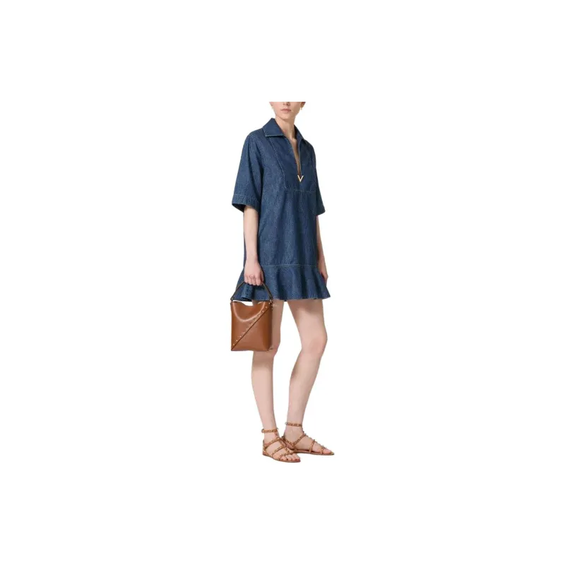 Valentino V Neck Peplum Denim Dress-3