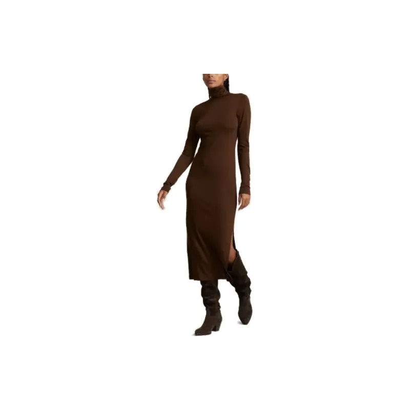 Polo Ralph Lauren FW23 Wool Blend Jersey Turtleneck Midi Dress Long Sleeved Dress Women's Umber-1