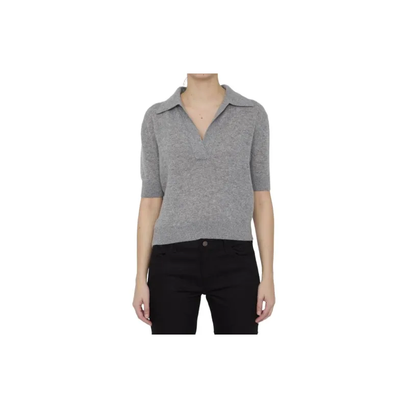 KHAITE Jo Short Sleeved Plunging V Neck Polo Top-1