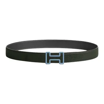 HERMES Calfskin Leather Belts Men's Gray Green Width 3.2CM