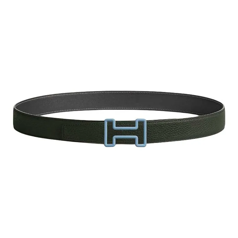 HERMES Calfskin Leather Belts Men's Gray Green Width 3.2CM-0