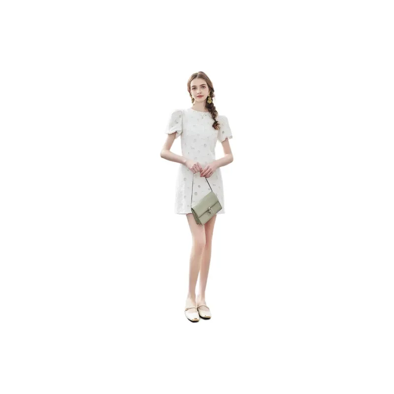 NAWAIN Short Sleeved Dresses Women's Embroidered White-2