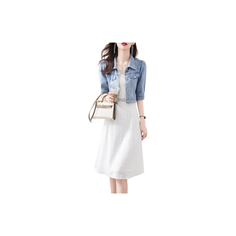 Still quiet Two Piece Skirt Sets Women's Blue+White-3