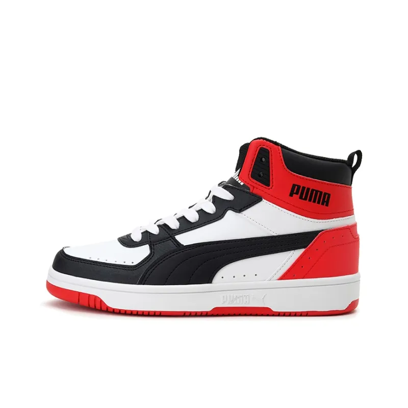 PUMA REBOUND Series Joy Cushioned Slip Resistant Abrasion Resistant High Top Basketball Shoes Black White Red Teenagers-0
