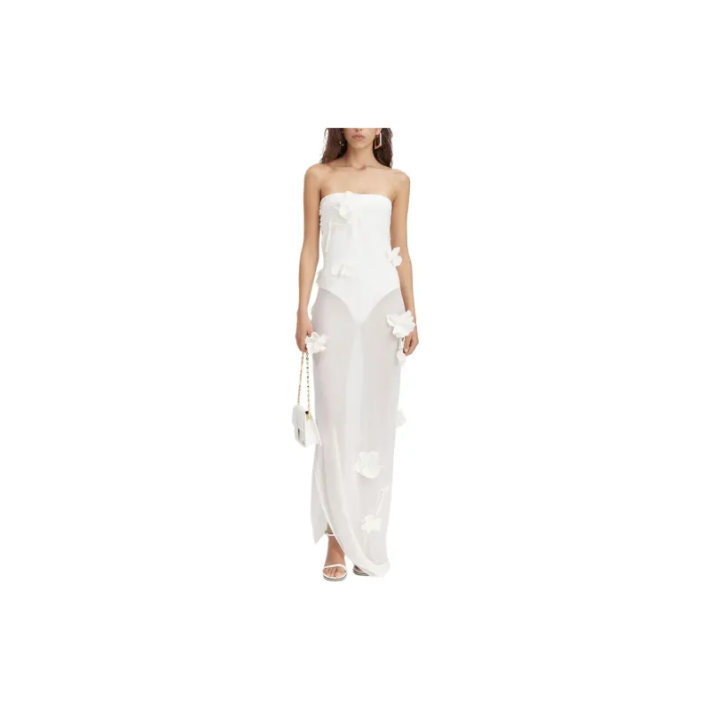Jacquemus SS24 Le Mariage Collection Bustier Maxi Dress With Embroidered Flowers Sleeveless Dress Women's White/White-1