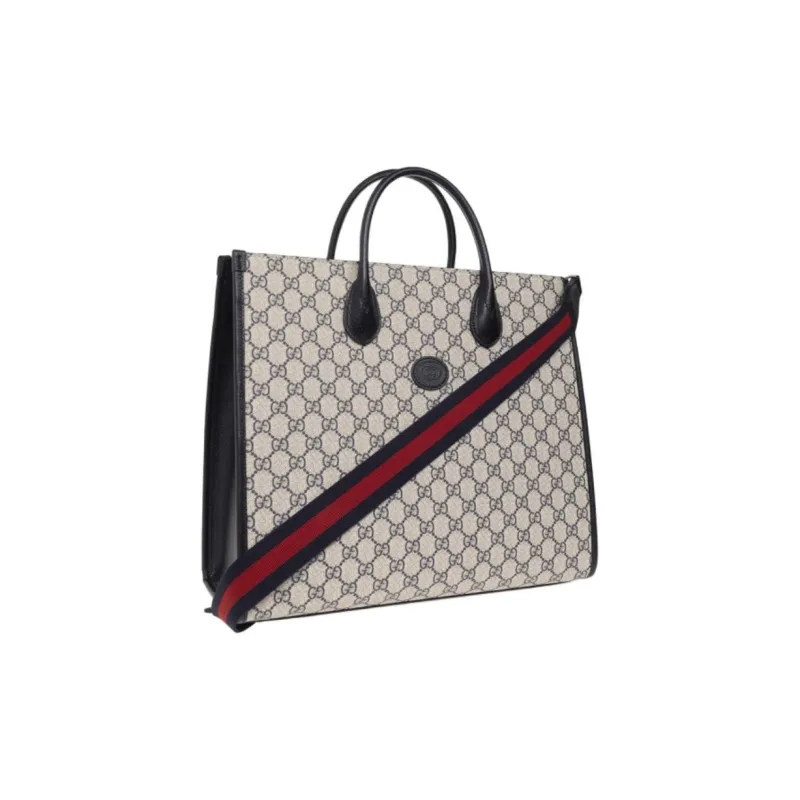 GUCCI Canvas With Leather Tote Bag Shopping Bag Shoulder Bag Crossbody Bag Handbag Medium Size Unisex Blue/Beige-1