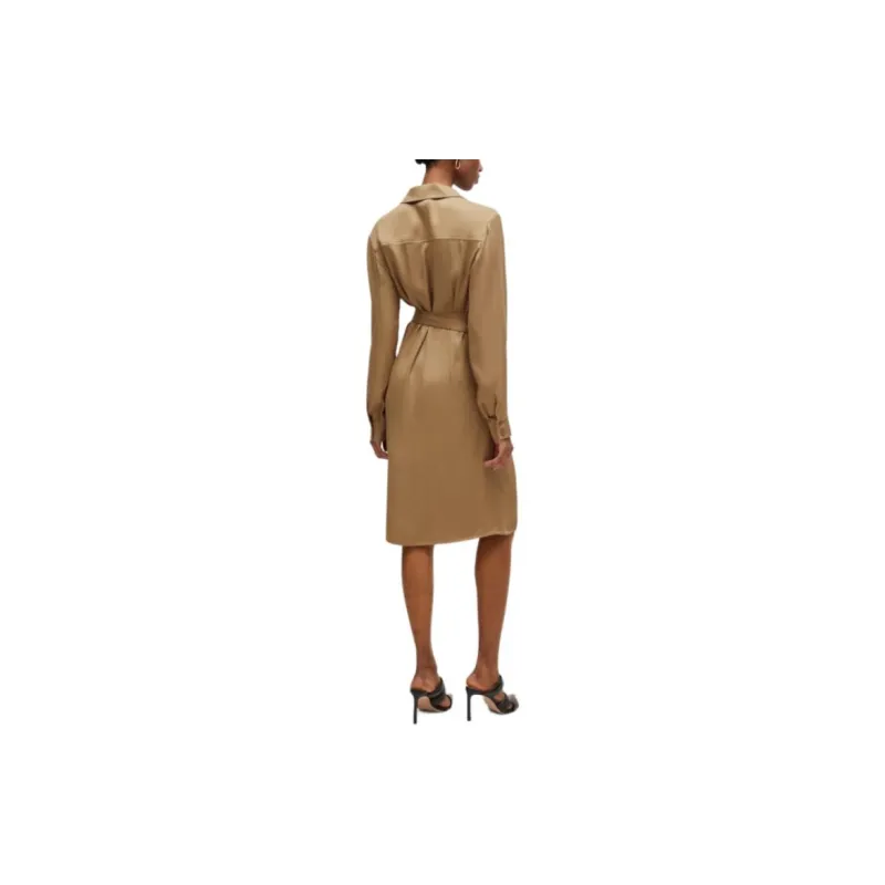 HUGO BOSS Wrap-Front Dress With Collar Detail Long-Sleeved Dresses Women's Light Brown-2