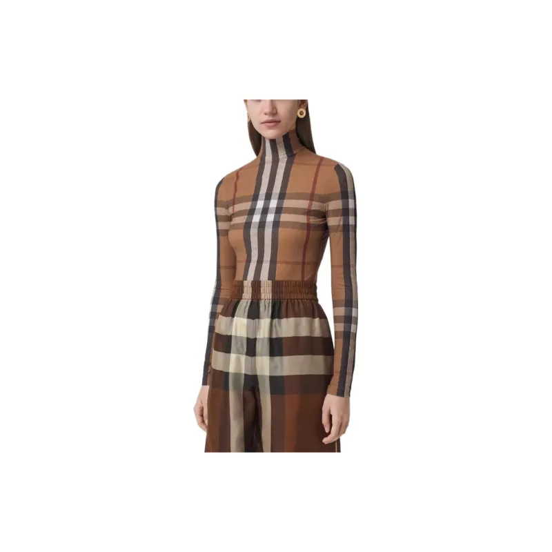Burberry FW22 Woman's Stretch Jersey With Tartan Motif Top Brown-3
