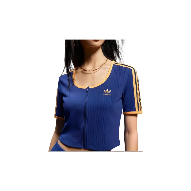 adidas originals Full-Zip Ribbed Short-Sleeved Top Blue-1