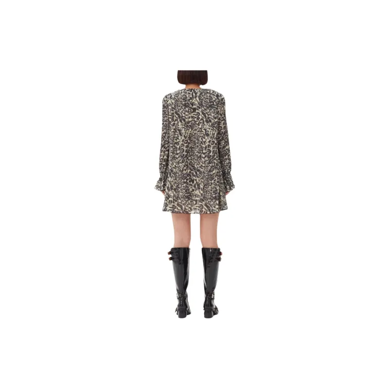 GANNI Pleated Georgette Flounce Neck Mini Dress-2