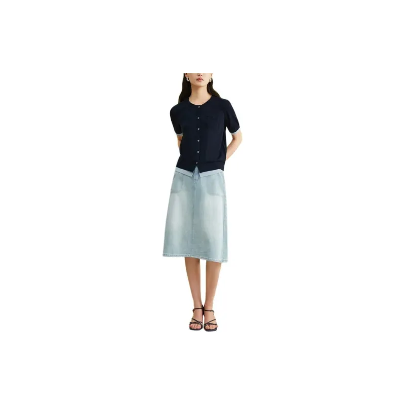 Yiner Denim Long Skirt Women's Light Blue-1