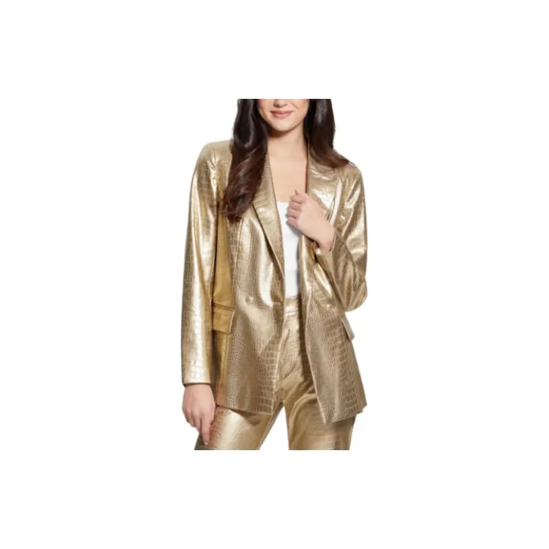 GUESS Diletta Faux-Leather Blazer Business Suits Coats Women's Light Gold-3