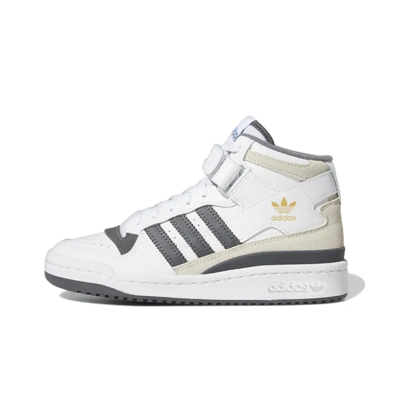 Adidas Originals FORUM Mid J Anti Slip Wear Resistant Mid Top Kids' Skateboarding Shoes White Gray Teenagers-0