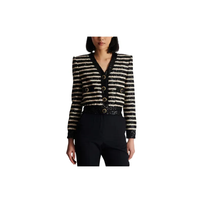 BALMAIN Striped Sequinned Cropped Jacket-2