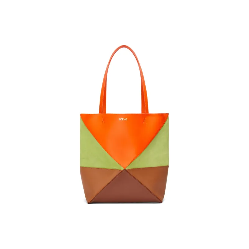 LOEWE Calfskin With Suede Tote Bag, Shopping Bag, Handbag Medium Size Women's Bright Orange & Prairie Green-0