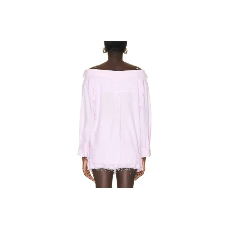 T By Alexander Wang Off Shoulder Boyfriend Charm Bra Strap Shirt Light Pink/White-3
