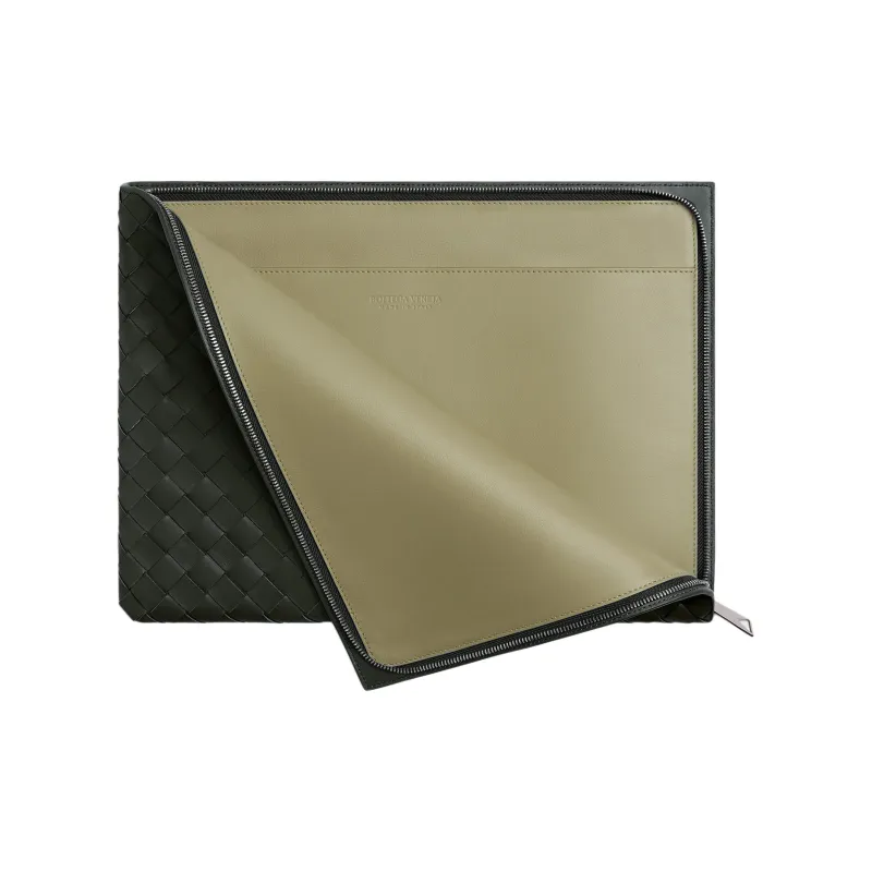Bottega Veneta Intrecciato Calfskin Clutch Men's Dark Green & Travertine-1