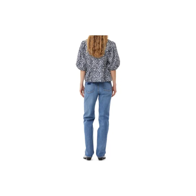 GANNI Printed Cotton Peplum Blouse Shirt Women's White Egret-2