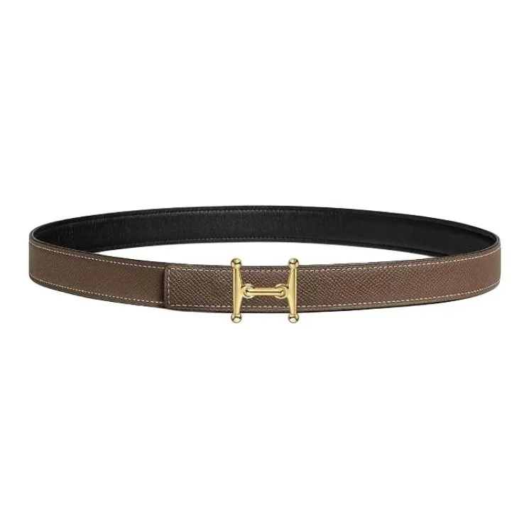 HERMES Calfskin Metal Gold-Plated Leather Belts Unisex Black/Taupe Width 2.4CM-1