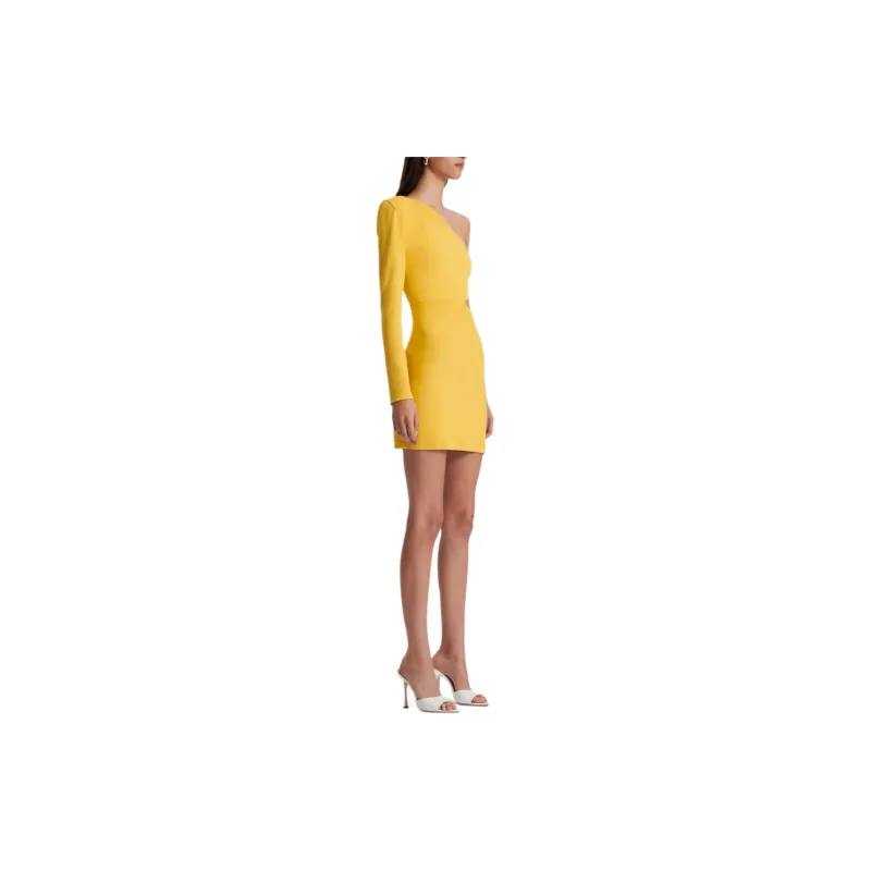 SCANLAN THEODORE Crepe Knit One Shoulder Mini Long-Sleeved Dresses Women's Daisy/Petite Yellow-3