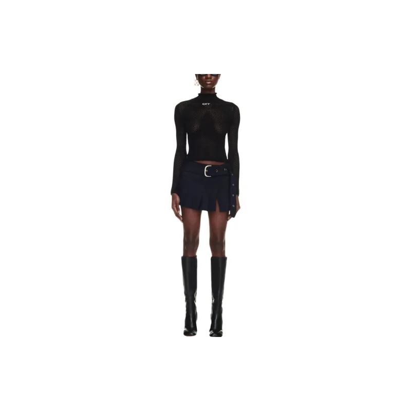 OFF WHITE Logo Print Open Knit Turtleneck Black-1